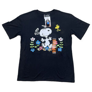 Peanuts Snoopy & Woodstock Womens Size M Black SS T-Shirt Embroidered Flowers